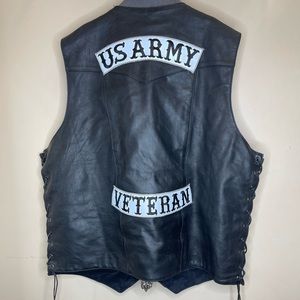 Men’s silver bike black leather biker vest size 5X with patches US Army veteran